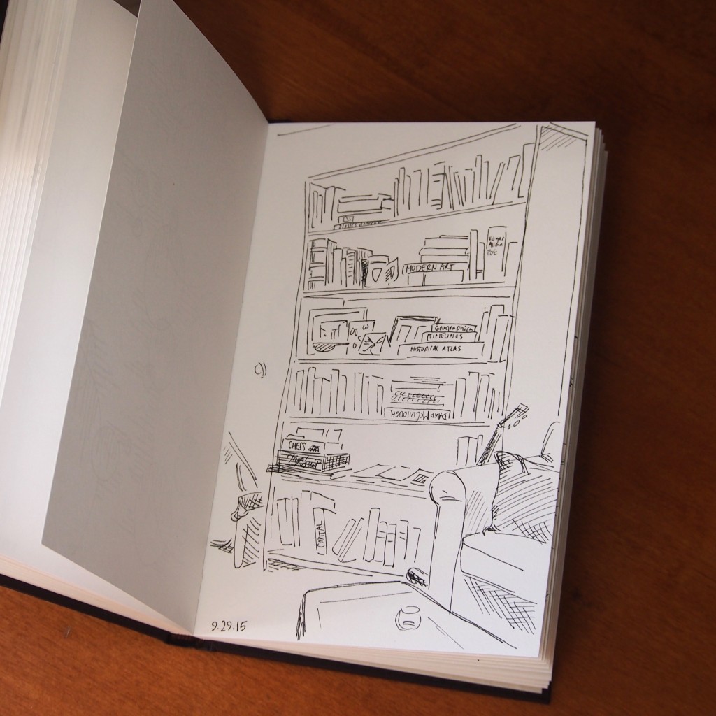 caitlinmarquisstudio nearlydailydoodles, living room, bookshelves